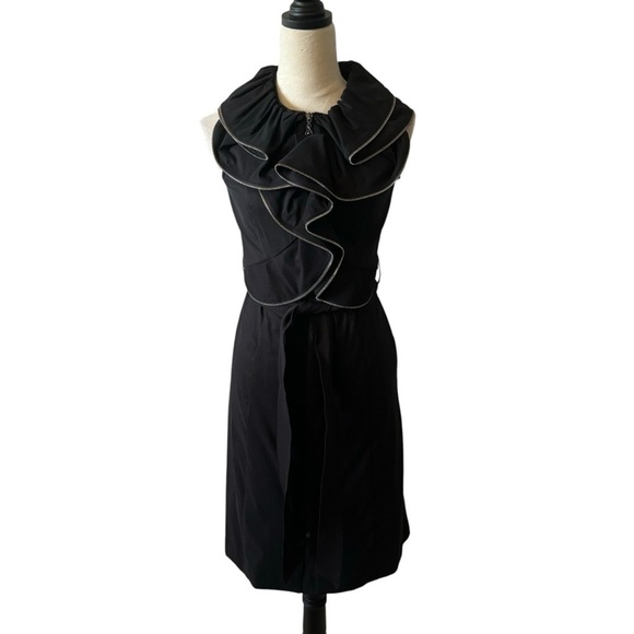 Samuel Dong Black Ruffle Zipper Front Zip Belted Midi Dress Size Small - Picture 1 of 8